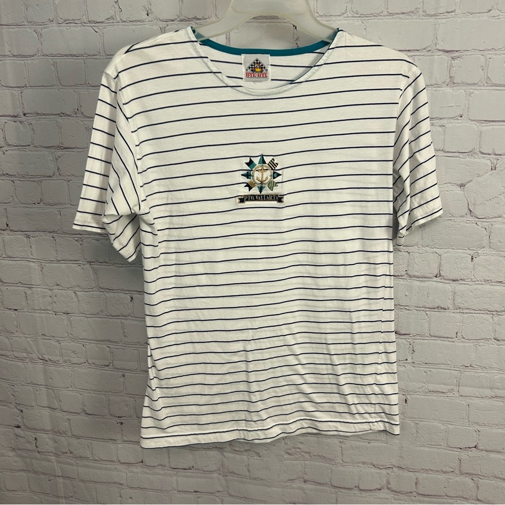 Vintage preppy nautical "Bye Bye" PTO Vallarta navy striped top gold anchor